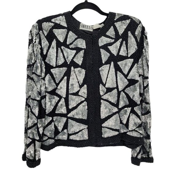 Vtg 80's Sweelo Silk Geometric Black Silver Metallic Sequin Beaded Blazer Sz M - Picture 10 of 12